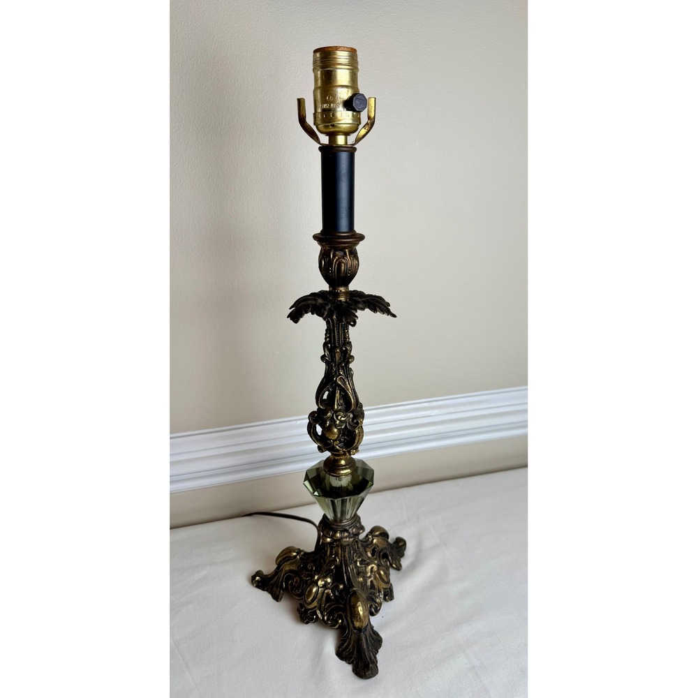 Vintage Hollywood Regency Ornate Gold Metal Table Lamp Faceted Lucite Prism 24"